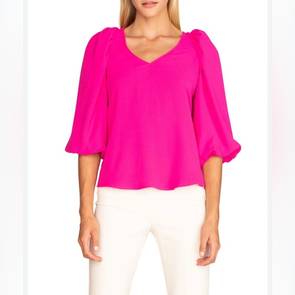 Trina Turk | Danise satin blouse Hot Pink Women’s size XS blouson sleeve v-neck - Picture 1 of 8